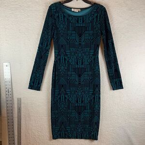 Sans Souci Women's Long Sleeve Teal Geometric Velvet Print Sheath Dress Size‎ L
